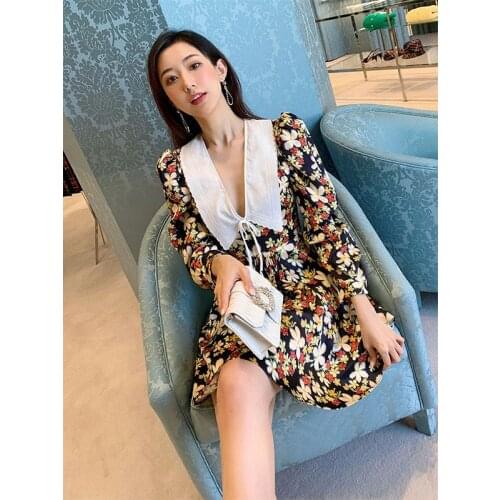 Floral Stylish Long Sleeve Polyster Midi Dress for Woman 2021 Spring Summer Designer Luxury Female Clothing Vintage Elegent