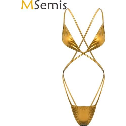 Womens Hot One-piece Trikini Body Lingerie Sexy Mini Micro Bikini Bodysuit Shiny Metallic Exotic Monokini Bodystocking Nightwear
