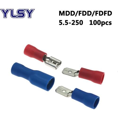 100pcs 6.3mm Female Male insulated crimp terminal FDD/FDFD/MDD5.5-250 Electrical wiring cable connector 12-10AWG 4-6mm2