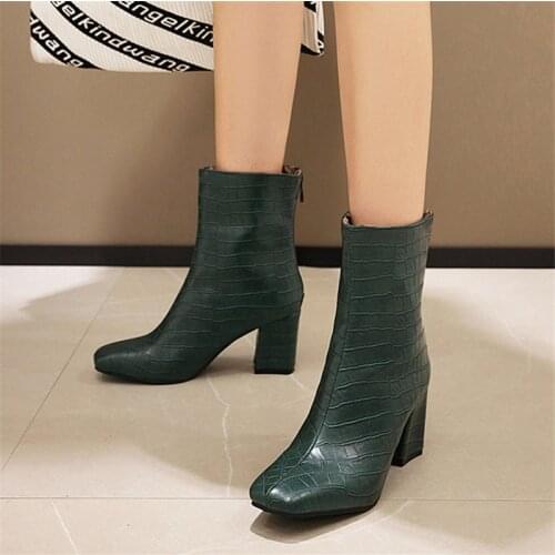 2021 Boots Square head Fashion autumn Elegant Short Booties Ladies Ankle Zipper White Black green Thick High Heel Ankle Boots