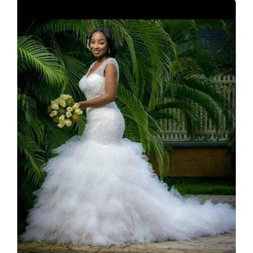 African Nigeria Girls Beaded Mermaid Wedding Dress Lace Up Ruffles Plus Size Bridal Wedding Gowns Robe de soirée Bride Dresses