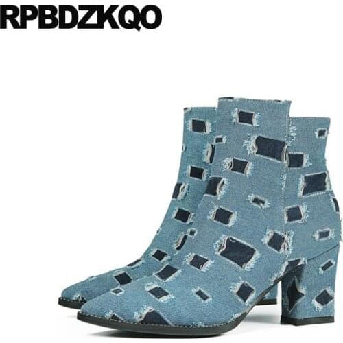Brand jeans pointed toe plus size big black 10 women winter short shoes ankle high heel blue denim boots block fall 41 chunky
