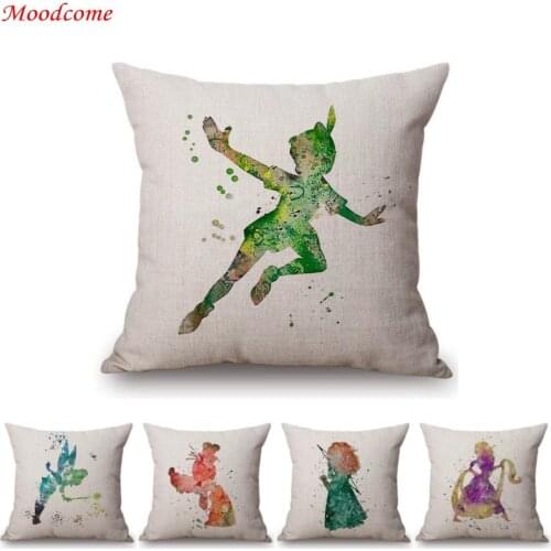 2019 Peter Pan Watercolor Sofa Throw Pillow Case For Home Decoration Fairy Tale Princess Heros Cotton Linen Chair Cushion Cover