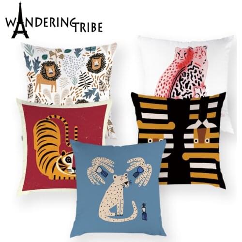 Tiger Leopard Cushion Case Cute Fox Home Decor Pillow Cover White Cushions Cover Cartoon Animals Sofa Bed Pillowcases Cojines