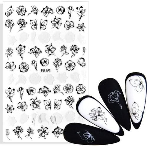 Black White Bloming Flower Nail Sticker Rose Mandala Tropical Leaf 3D Nail Sticker Geometry Adhesive Nail Decals Foil Design