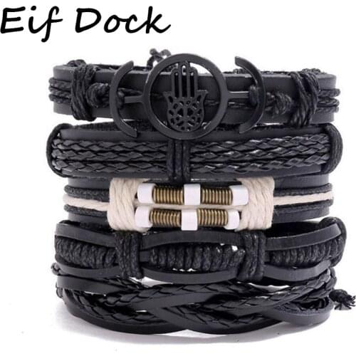 Eif Dock New Punk Vintage 5 Pcs/set Multilayer Fatima Charm Black Weave Men Leather Bracelets For Women Homme Femme Male Jewelry