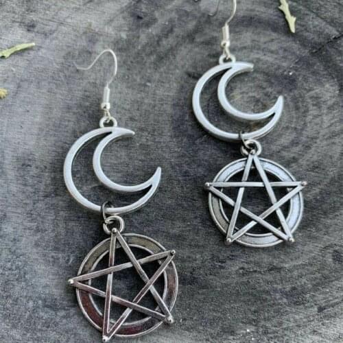 Gothic Crescent Moon Pentagram Pendant Dangle Earrings Witch Jewelry For Women Party Gift