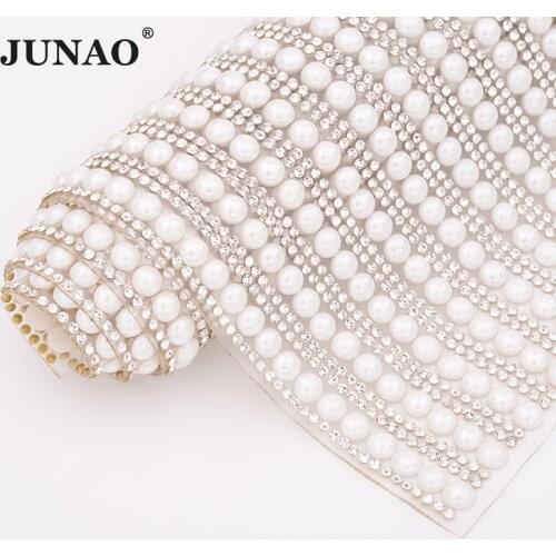 JUNAO 24x40cm 6mm White Pearl Ribbon Trim Hot Fix Rhinestones Mesh Pearls Beads Fabric Strass Applique for Dress DIY Crafts