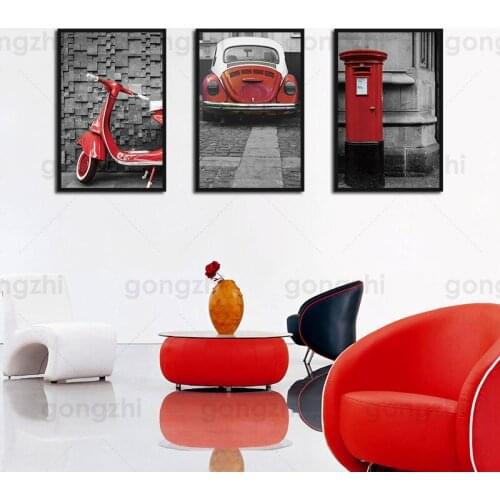 Red Electric Car Small Mailbox Abstract Night Canvas Painting Home Art Posters Bedroom Corridor Stickers Nordic Decor