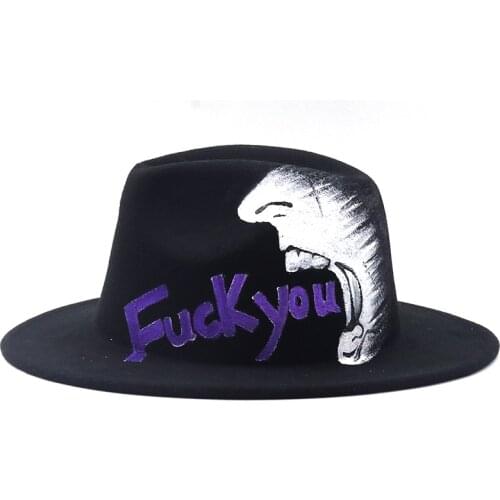 NEW Handmade Painted Wool Felt Black Fedora Hat For Women/Men Wide Brim Autumn Winter Panama Jazz Cap