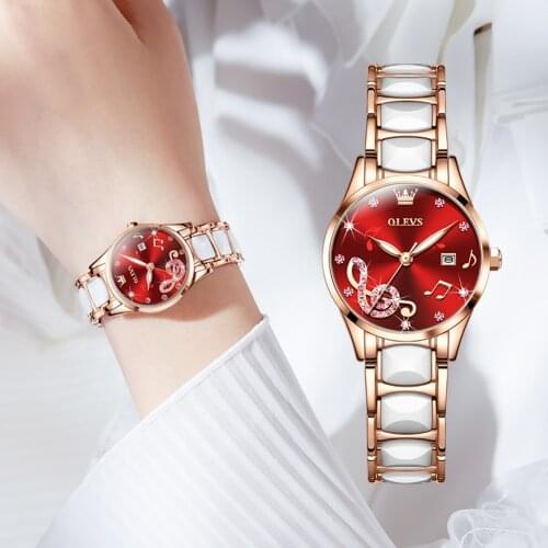 OLEVS 2021 New Light Luxury Womens Watch Fashion Simple Temperament Stainless Steel Ceramic Strap Quartz Watch 3605