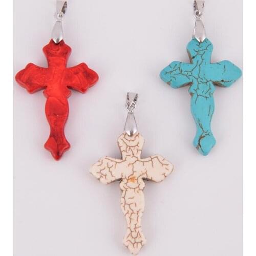 Natural Stone Red Green Cream-coloured Howlite Cross Shape Pendant Necklace for Women Men Healing Jewelry Three Choices D546