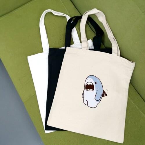 Shark Beach Print Funny Women Canvas Tote Bag Female Eco Cloth Handbag Big Folding Shoulder Reusable Foldable Shopper Bag Kawaii