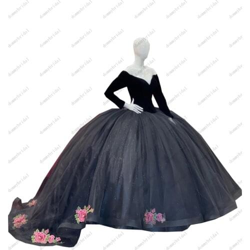 Sexy Long Sleeves Black Masquerade Ball Gowns Quinceanera Dresses 2021 Cheap for Women Party Wear Formal Prom Dress Velvet Tulle