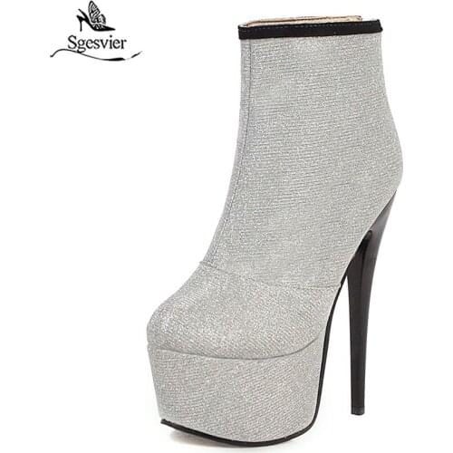 Sgesvier size 31-48 fashion ankle boots round toe zip sexy super high heels prom boots bling autumn winter platform boots G777