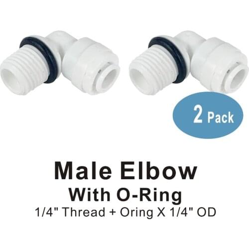 Male Elbow Connector 1/4" Thread x 1/4" OD Quick Connect Fitting Parts for Water Filters and RO Systems - 2 PACK