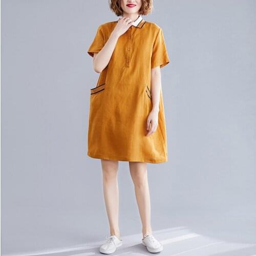 Oversized Loose Straight Women Dresses 2020 Summer New Turn-Down Collar Short-Sleeved Loose Knee-Length Female Dresses