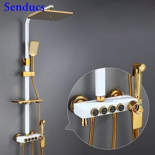 Thermostatic Shower Set Senducs White Gold Bathroom Shower System Quality Brass Shower Faucet 38 Temperature Bath Shower Set