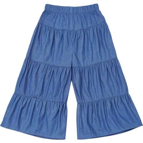 Kids Girls Jeans Cropped Trousers Fashion Solid Color Ruffle Skirt Style Denim Pants Children Clothing 4 6 8 10 12 14 16 Years