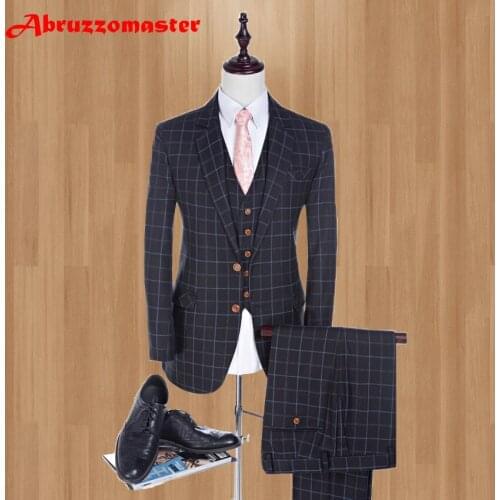 High Quality 3 Pieces Brand Men Serge Suits Men Plaid Suits for Wedding Groom S-4XL Fashion Slim Fit Navy Business Suit Men