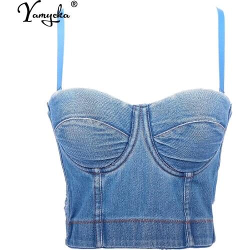 Sexy vintage Black Denim corset crop top women summer halter bustier Party tank y2k top Push Up bra clubwear Cropped womens tops