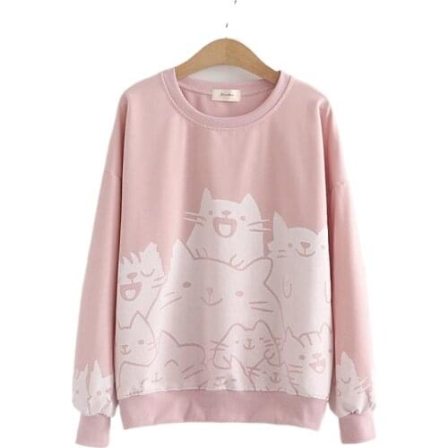 2021 Summer Preppy Style Cute Cat Print Round Neck Loose Tracksuit Pullover Sweatshirts Women Long Sleeve Casual Top 2113381