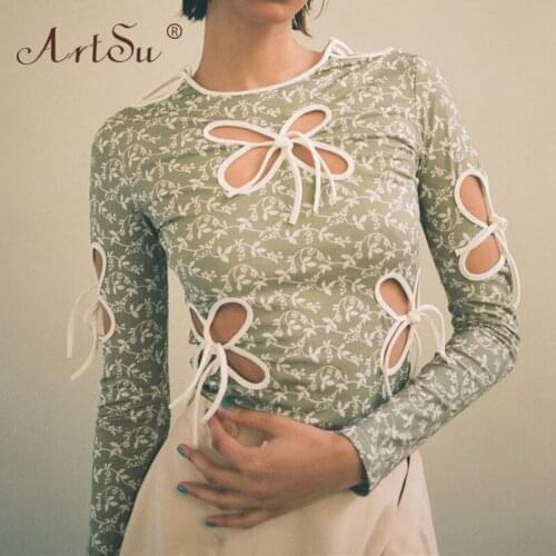ArtSu Girls Green Lace Up Butterfly Design Long Sleeve Top Tshirts Women Flower Print Hollow Out Sexy Crop Top Sweet Tees Spring