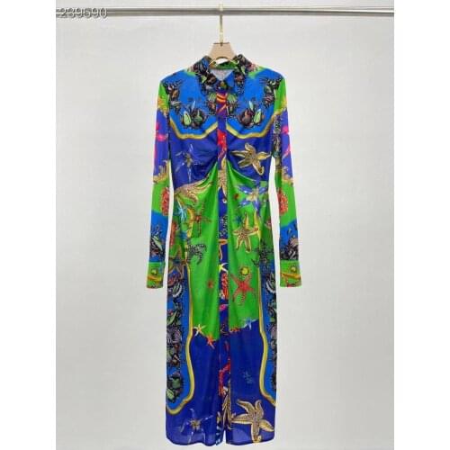 Fyion Fashion Runway Autumn Long Sleeve Midi Dress Womens Turn down Collar Floral Print Elegant Party Sexy Dress