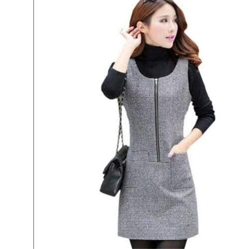 Woman Spring Plus Size Solid Sleeveless O-neck Belt Knee-length 30% Wool A-line Dresses Lady Oversized Autumn Hedging Dress