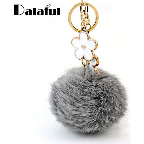 Dalaful 10CM Big Size Rabbit Fur Ball Flower Key Chains Rings Holder Bag Handbag Pendant PomPom Keyrings KeyChains For Car K276