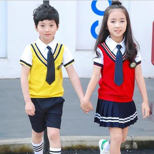 Children Japanese Korean School Uniforms for Girl Boys Red Style Shirt Tops Skirt Shorts Tie Kid Student Summer Clothing Outfits