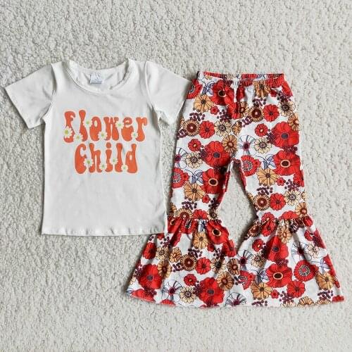 Ready To Ship Kids 2Pieces Set Orange Letters Top Match Flowers Beller Pants Clothes Cute Girls Short Sleeve Outfit