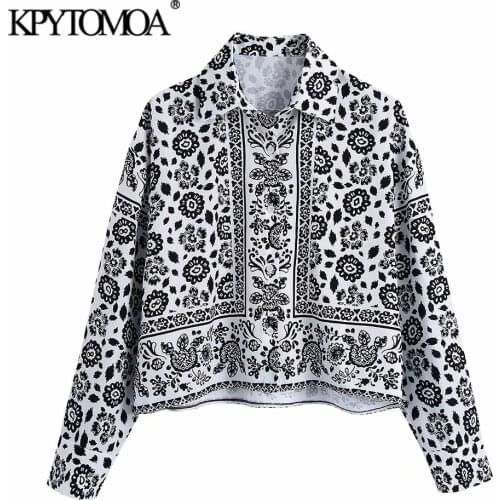 KPYTOMOA Women 2021 Fashion Totem Print Asymmetric Cropped Blouse Vintage Long Sleeve Button-up Female Shirts Chic Tops