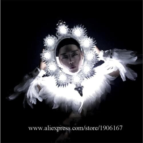 Nightclub Men DS White Feather Clothing LED Magic Mirror Costumes Valentines Day Gift White Performance DJ Singer Dancer Outfit