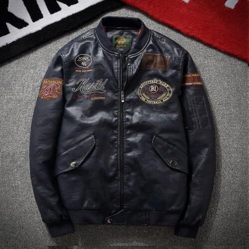 Mens Clothing Autumn and Winter Air Force Pilot PU Leather Jacket Flight Suit Multi-standard Embroidery Leather Motorcycle Suit
