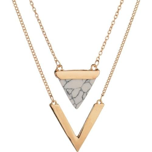 2019 New Women Gold Punk Necklaces India Hot Geometric Triangle Faux Marble Stone Pendant Necklace Vintage Jewelry