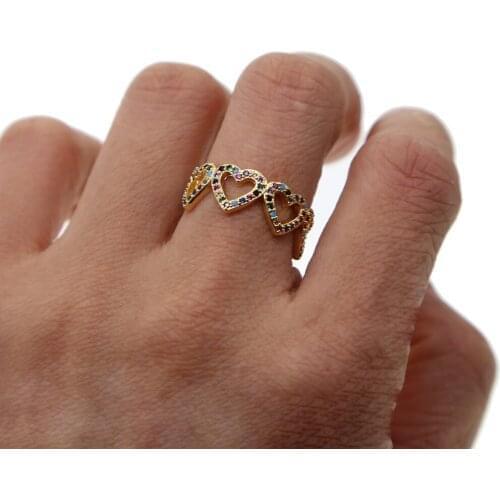 New arrived gold filled finger rings rainbow colorful cz paved heart shape lovely cz band wedding ring for women lady jewelry