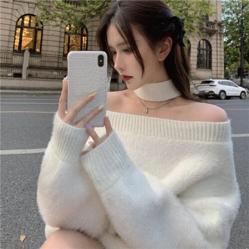 Autumn Winter Clothes Women Sweaters Off Shoulder Halter Pullovers White Loose Fashion Brand Hollow Out Oversize Knitted New