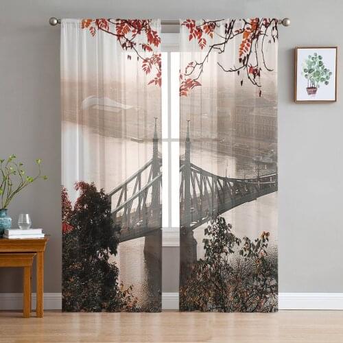 Autumn Red Leaves London Bridge Views Voile Tulle Sheer Curtains for Bedroom Living Room Kitchen Decor Chiffon Windows Curtain