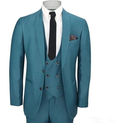 Latest Coat Pant Design Blue Shawl Lapel Men Suit Double Breasted Slim Fit Tuxedo 3 Piece Groom Suit Prom Blazer Terno Masculino
