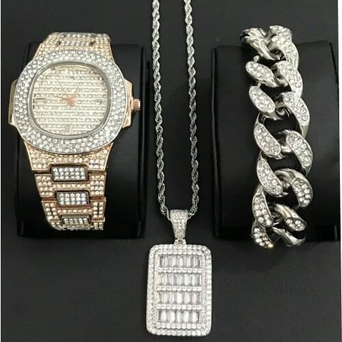 Luxury Men Watch Hip Hop Men Jewelry Stylish Watch & Bracelet & Necklace Combo Set Shining Pendant Ice Out Cuban Bracelet