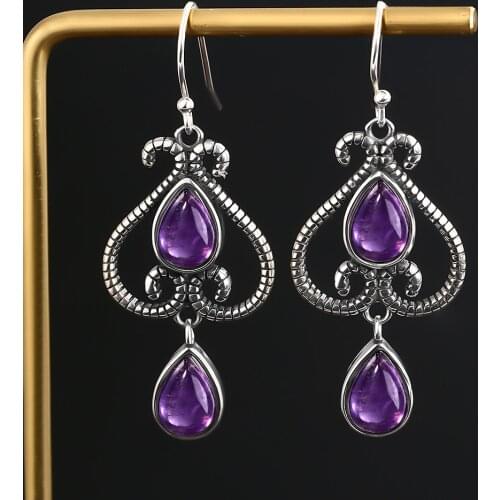 Jewelry S925 Sterling Silver Earrings Fashion Ethnic Pear Shape 6X9MM Natural Amethyst Earrings Wedding Party Wholesale