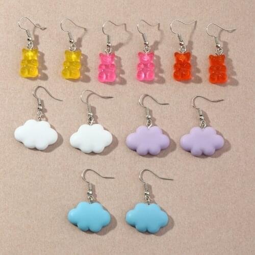 Japan and South Korea trendy fashion earrings female 2021 Harajuku cute sweet resin color bear cloud earrings set