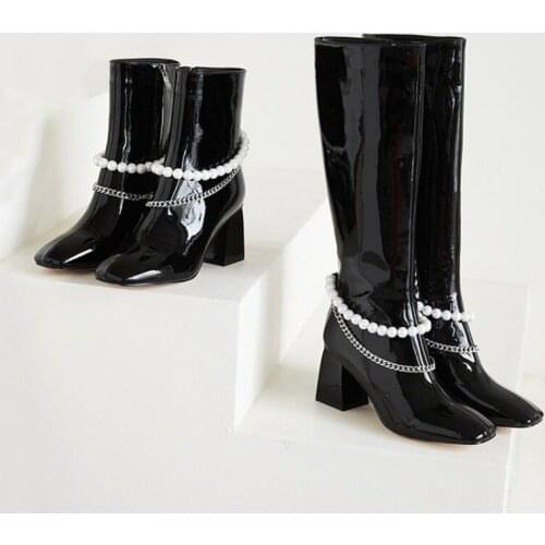 Chic Women Beads Strings Chains Knee Boots Black Patent Leather Square Toe Night Club Winter Boots Chunky Heels Runway Boots