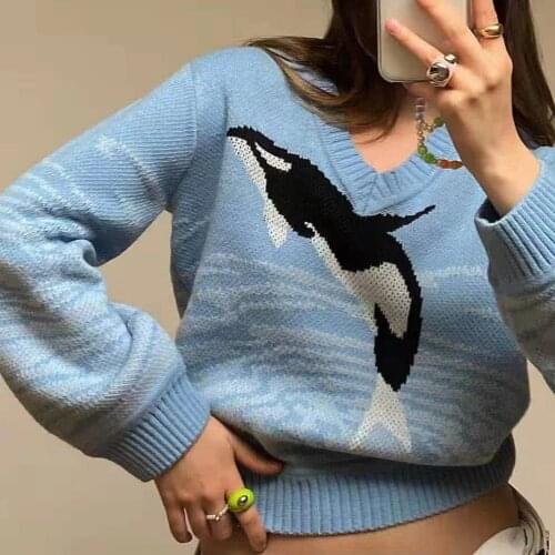Vintage Casual Y2K Loose Pullovers V-neck Autumn Aesthetic 2000s Knitwear Harajuku Print Blue Sweaters Streetwear