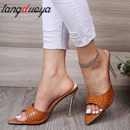 Women Slippers Snake Print Strappy Mule High Heels Slippers Sandals Flip Flops Pointed Toe Slides Party Shoes Woman white size43