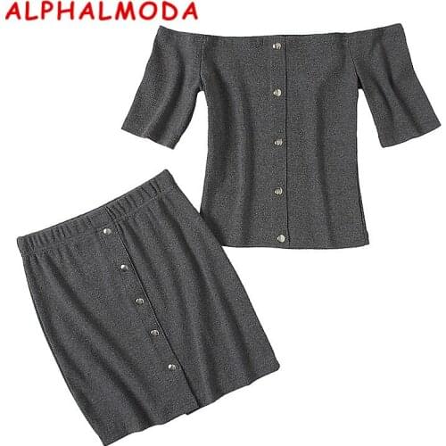 ALPHALMODA Single Breasted Short-sleeved Pullover Short Tshirts + Mini Skirt Women Summer Fashion 2pcs Sets Crop Top Skirt Set