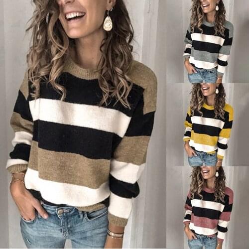 2021 Fashion New Women Color Block OL Sweater Autumn And Winter Casual Style Long Sleeve Round Neck Striped Pullover Streetwear