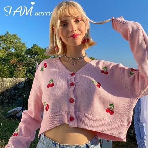 Y2K Aesthetic Knitted Cardigan For Women 2020 Pink Cherry Embroidery V Neck Cropped Fall Jacket Sweater Short Jumper IAMHOTTY