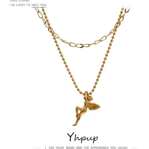 Yhpup Stainless Steel Angel Pendant Neckalce Double Layered Jewelry Gold Collar Women Neckalce Collane Donna Statement Gift